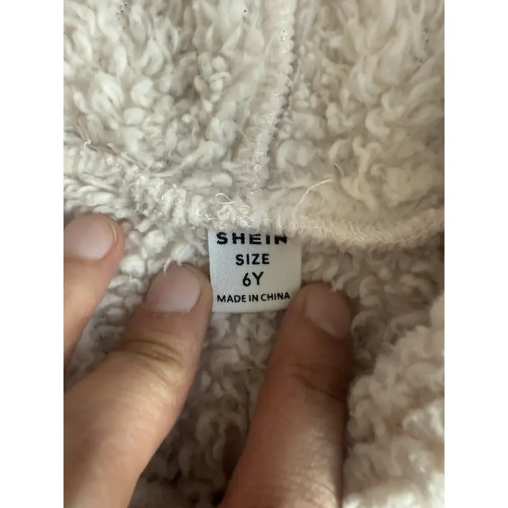 SHEIN Girls Beige Hooded Fleece Button Front Mid-Length Coat Size 6